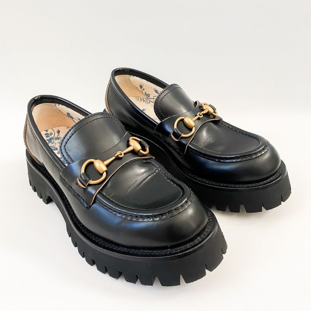 Gucci Loafers Lug Sole Chunky Black Leather Horsebit Size 37.5, 7.5 - Picture 2 of 14